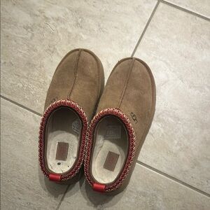 UGG Brown Suede Slippers with Red Trim